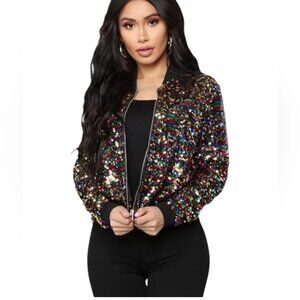 Rainbow Sequins Bomber Jacket Kidcore Nostalgia Rainbow Sparkly Stretchy Zip 3X